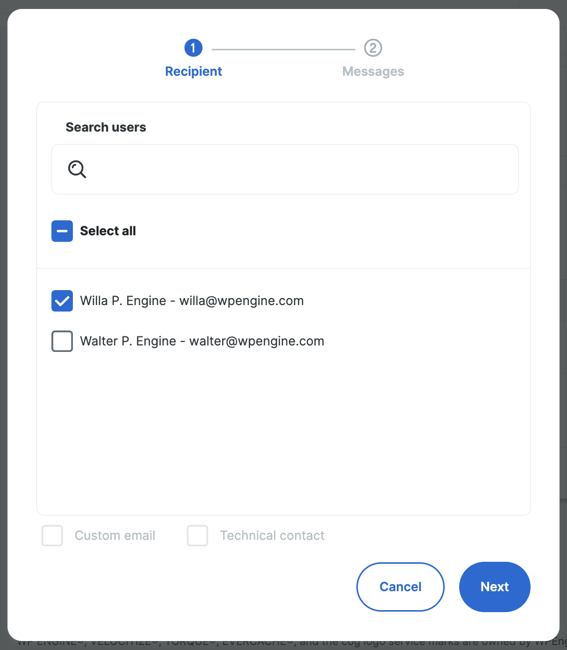 Screenshot of the Notifications Settings page in the WP Engine User Portal, showing how to select users for an email policy.